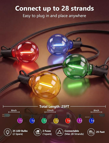 G40 LED Outdoor String Lights，25Ft Globe Multicolor Christmas Decorations String Lights with 27 Shatterproof LED Bulbs, Hanging Outdoor Patio Lights for Outside Backyard Porch Balcony Party- Black