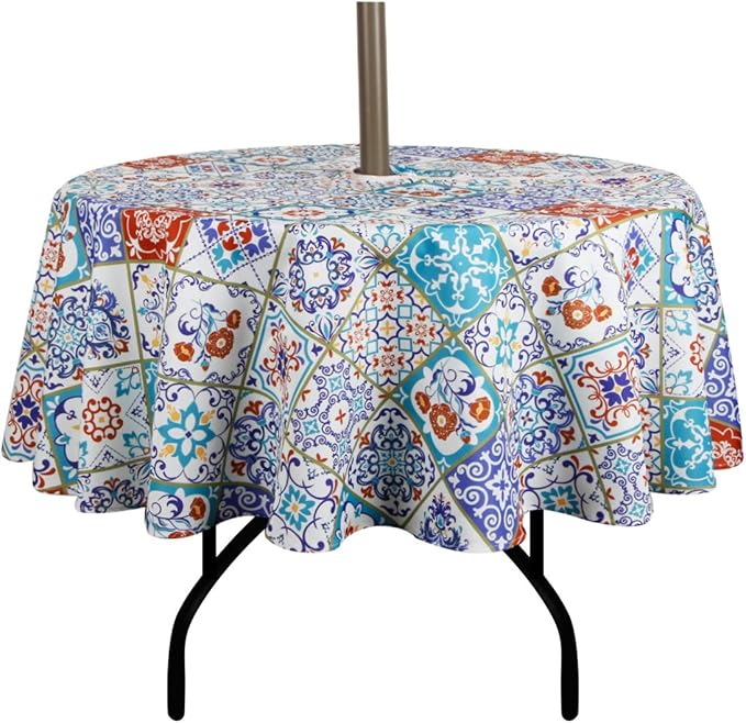 EHouseHome Outdoor and Indoor 60inch Round Tablecloth with Umbrella Hole and Zipper, Waterproof Zippered Patio Cloths, Spring/Summer Table Covers for Backyard Circular Table/BBQs/Picnic