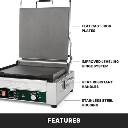 Waring Commercial Panini Press with Programmable Timer, Flat Cast Iron Plates, 14" x 14" Cooking Surface, 570°F Adjustable Thermostat, for Sandwiches up to 3" Thick, 120V, WFG275TX