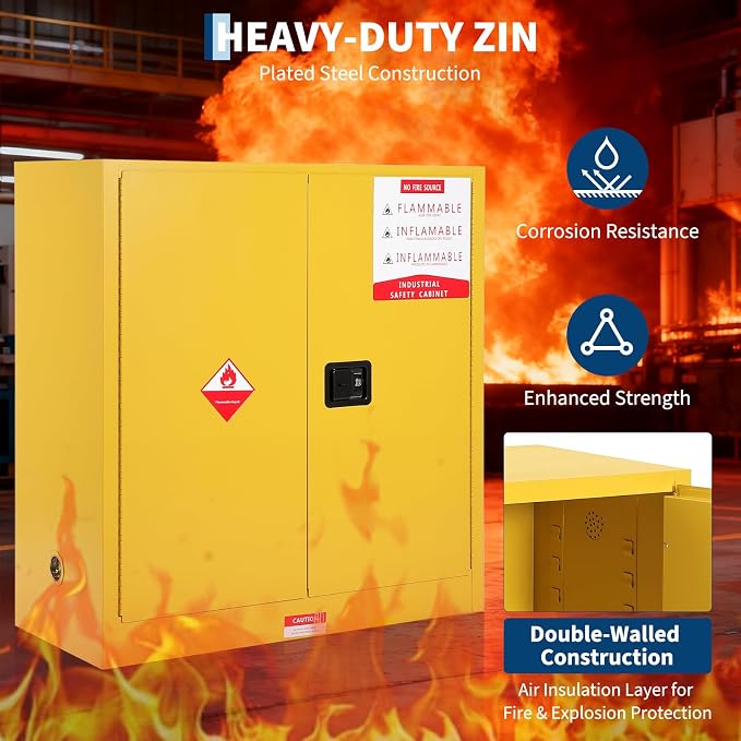 Hazardous Storage Flammable Cabinets, Fire Resistant Safety Cabinet for Flammable Liquids | Cold-Rolled Steel Construction w/Spill Containment Tray, Ventilation Holes & Grounding | Adjustable Shelf