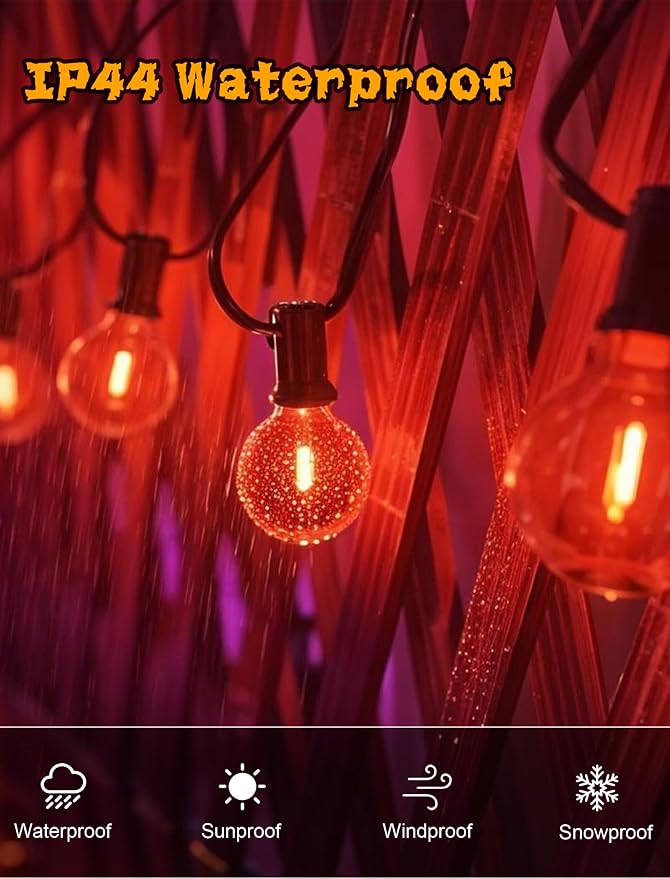 Halloween G40 LED String Light Dimmable, 50Ft Outdoor Globe Lights with 27 LED Orange Clear Replacement Bulbs(2 Spare), Halloween Decorations for Patio, Proch, Ghost Party, Yard Decor, E12 Base