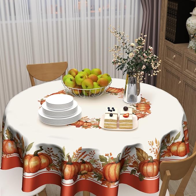 Sweetshow Fall Pumpkin Table Cloth Round Autumn Maple Leaves Tablecloth 70 Inch Decor Washable Stain and Wrinkle Resistant Thanksgiving Round Table Cover for Dining Party Picnic