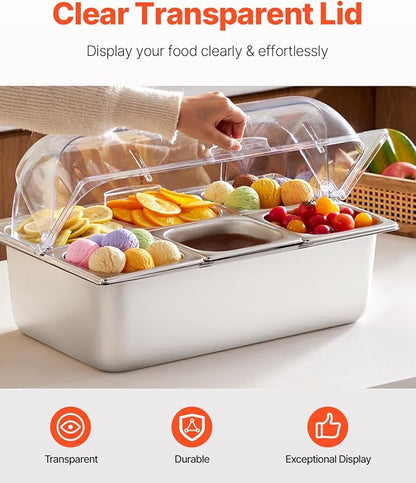 VEVOR Countertop Food Serving Display Container, 6 Pan Stainless Steel Food Serving Tray, Buffet Condiment Dispenser Display Rack with Clear Lid & 3 Freezer Boxes, for Restaurant Hotel Kitchen Party