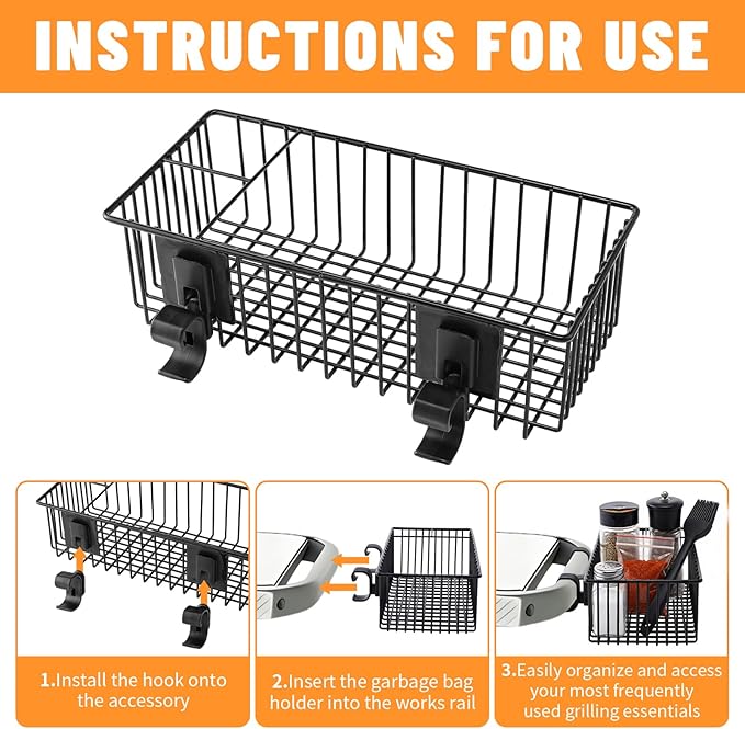 Organizer Kit for Weber Grills Includes Paper Towel Holder Garbage Bag Holder Condiment Caddy and Four Tool Hooks, Grill Accessories for Weber Side Rail