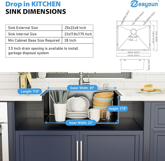 25 Inch Gunmetal Black Drop In Kitchen Sink 25 x 22 Kitchen Sink 18 Gauge Stainless Steel Single Bowl Topmount Sink with Nano Coating, 25x22x8