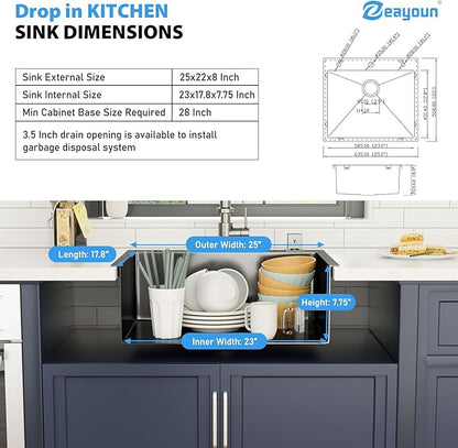 25 Inch Gunmetal Black Drop In Kitchen Sink 25 x 22 Kitchen Sink 18 Gauge Stainless Steel Single Bowl Topmount Sink with Nano Coating, 25x22x8