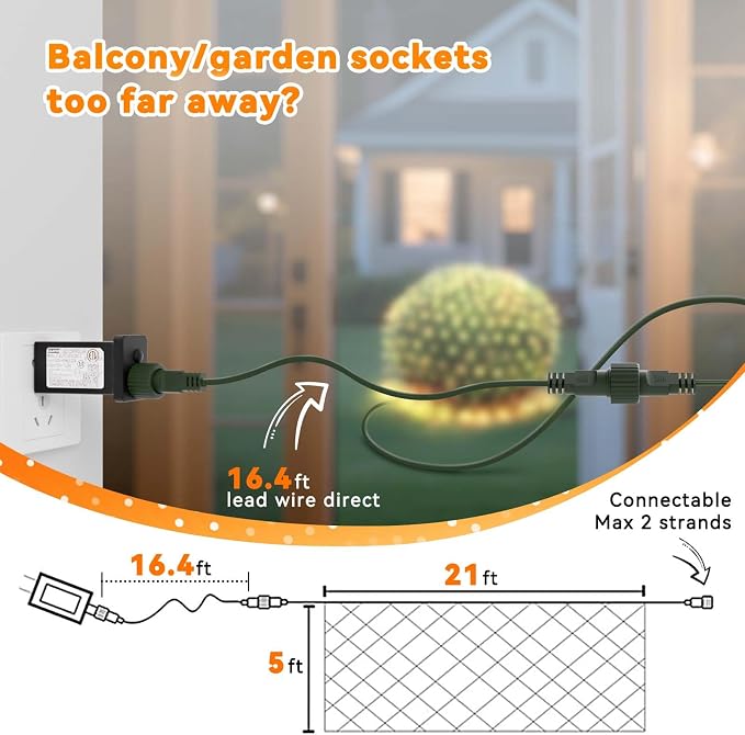LitHome 21FT x 5FT Christmas Net Lights Outdoor Mesh Lights Connectable | 8 Modes 360 LED Warm White Net Light Green Wire, Waterproof Giant Christmas Mesh Light for Bushes Garden Yard Party Decor