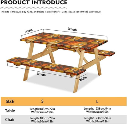 Elastic Fitted Table Cloth for Camping Party Fall Print Picnic Table Cover with Bench Covers 3 PCS for Outdoors