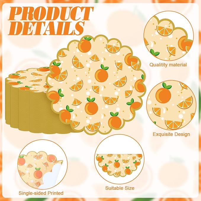 100 Pcs Orange Paper Placemats Orange Fruit Place Mats 13.5 Inch Disposable Round Decorative Dining Table Mat with Scalloped Edge for Spring Summer Picnic BBQ Birthday Bridal Wedding Party Supplies