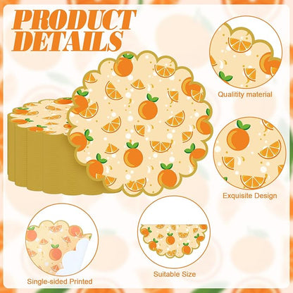 100 Pcs Orange Paper Placemats Orange Fruit Place Mats 13.5 Inch Disposable Round Decorative Dining Table Mat with Scalloped Edge for Spring Summer Picnic BBQ Birthday Bridal Wedding Party Supplies