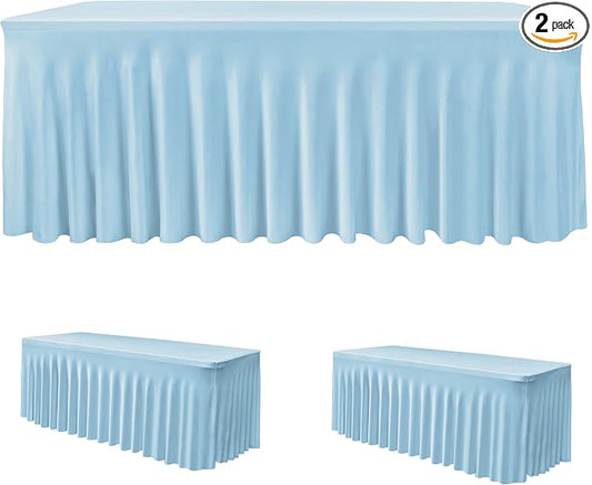 2 Pack Baby Blue Spandex Table Covers 8ft Rectangle Ruffle Skirts for Party | Elastic Table Covers 8 Foot, Pleated Fitted Table Cloths, Wrinkle Resistant Elegant Table Skirts Wedding, Banquets