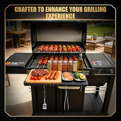 QuliMetal Foldable Front Shelf for Traeger WOODRIDGE PRO, 27.93" Grill Prep Table with Cutting Board, Stainless Steel Basin and Lid, BBQ Front Shelf Accessory