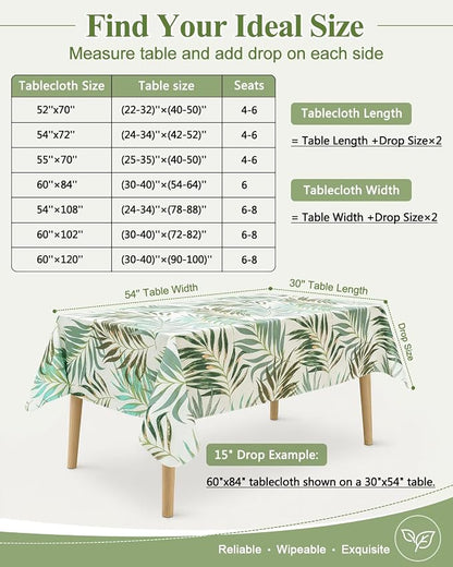 Seenus Summer Tropical Palm Leaf Tablecloth for Hawaiian Aloha Luau Party, Waterproof & Wipeable Eucalyptus Table Cloth with Flannel Backing for Outdoor BBQ & Patio Decor, Rectangle 60x84 Inch