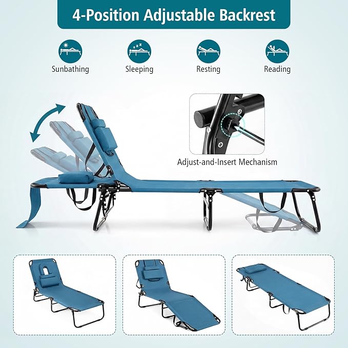 GYMAX Tanning Chair, Folding Lounge Chairs with Face Hole & Cover, Removable Pillow Carry Handle, Portable Compact Outdoor Layout Recliner for Beach, Poolside, Lawn, Patio, Camping (Blue,1)