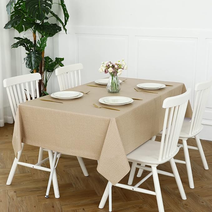 Romanstile 100% Waterproof PVC Tablecloth, Rectangle Oil Spill Proof Stain Resistant Vinyl Table Cloth, Wipe Clean Plastic Table Covers for Kitchen/Dining/Parties - 54 x 78 Inch, Khaki