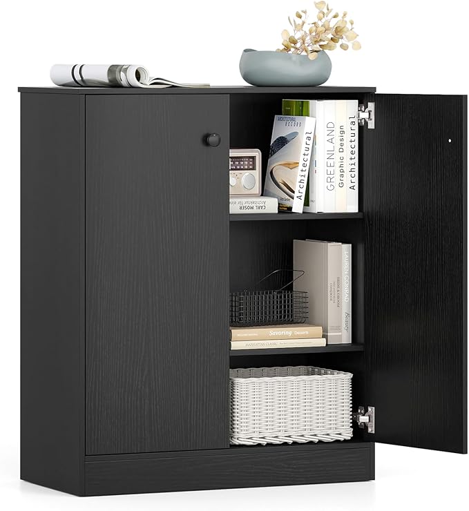 GIANTEX 2 Door Storage Base Cabinet (Black) | 3-Tier Base Cabinet with Non-Slip Foot Pads, Kitchen Cupboard Storage Organizer for Living Room, Hallway, Entryway, Office