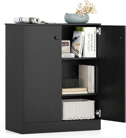 GIANTEX 2 Door Storage Base Cabinet (Black) | 3-Tier Base Cabinet with Non-Slip Foot Pads, Kitchen Cupboard Storage Organizer for Living Room, Hallway, Entryway, Office