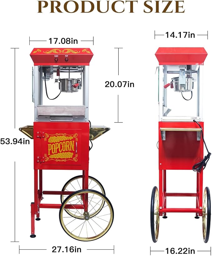 8 Oz Popcorn Machine with Cart, Nostalgia Professional Cart Makes Up to 32 Cups with Warming Deck and Old Maids Drawer, Movie Night Supplies for Home, Red