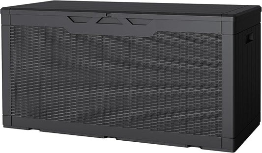 JUMMICO 100 Gallon Resin Deck Box, Waterproof Outdoor Storage Box with Lockable Lid for Garden Tools, Patio Cushions (Black)