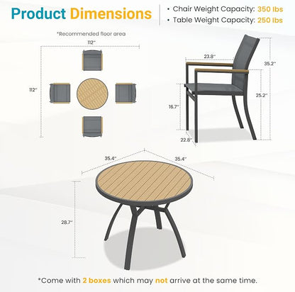 5-Pieces Aluminum Patio Table and Chairs Set, Outdoor Patio Furniture Set with Heavy Duty HDPS Round Table, All-Weather Outdoor Dining Set with Quick-Drying Breathable Textilene Chairs for Porch