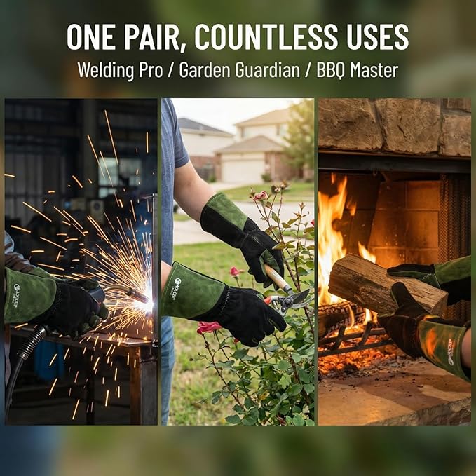 Leather Welding Gloves, Heat Fire Resistant, Mitts for BBQ Oven Grill Fireplace TIG MIG Forge Baking Furnace Stove Pot Holder Animal Handling. L, Black-green