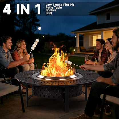 OutVue 47 Inch Smokeless Fire Pit with 2 Grills, Extra Large Wood Burning Fire Pits for Outside with Poker, Heavy Duty Firepit,BBQ& Outdoor Firepit & Round Metal Table 4 in 1 for Patio, Picnic