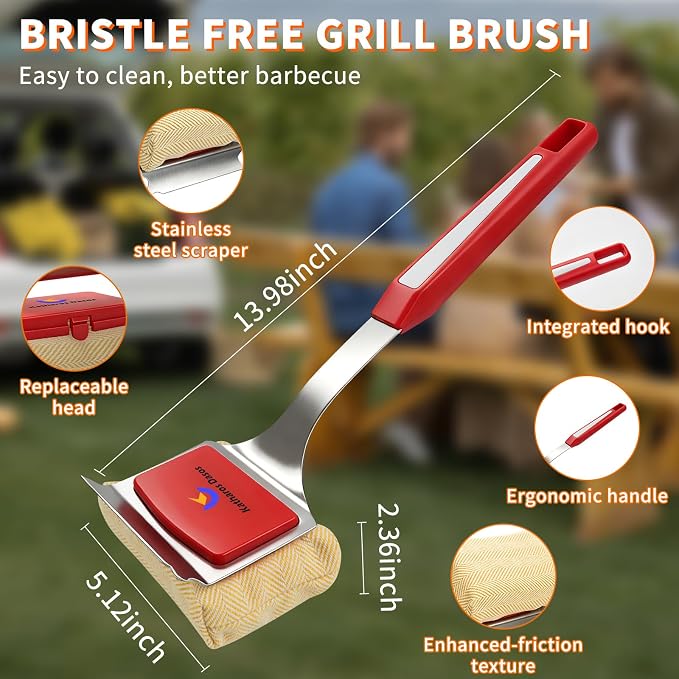 Bristle Free Grill Brush and Scraper for Outdoor Grill - Heavy Duty BBQ Grill Cleaner, Wire Free Non-Metal Safe Cleaning Brush with 2 Replaceable Heads - Ideal Gift for Dad