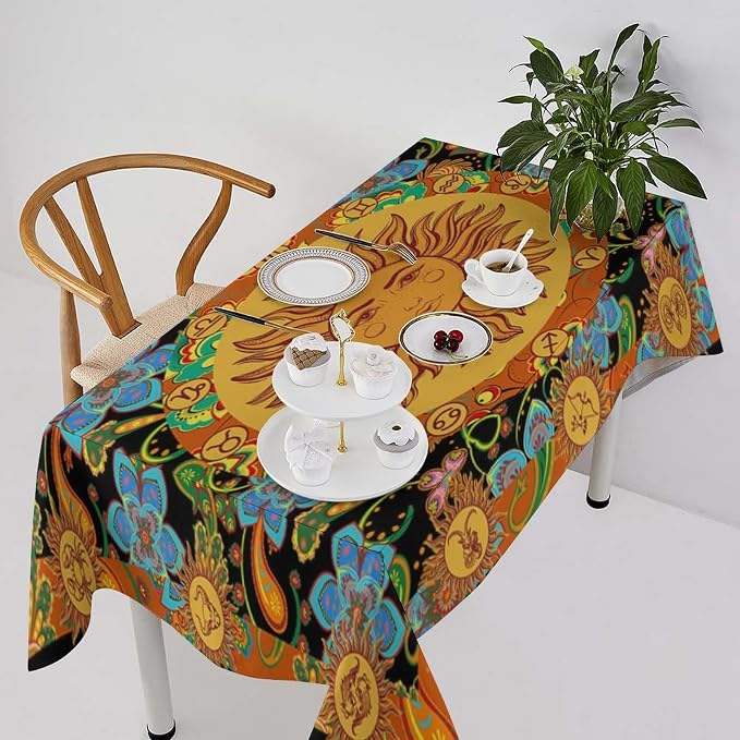Vintage Boho Sun Tablecloth Wildflower Floral Bohemian Hippie Sun Table Cloth Water Resistant Wipeable Table Cover for Farmhouse Picnic Party Holiday Kitchen Dinner Table 60"x120"