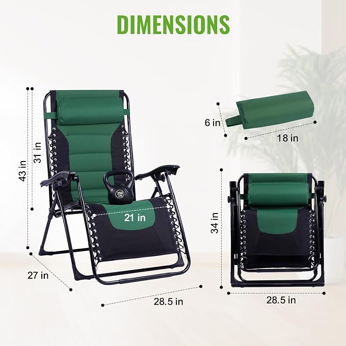 Backyard Expressions Deluxe XL Padded Recliner Zero Gravity Chair – Ergonomic Anti-Gravity Lounger with Folding Design, Side Tray, and Adjustable Headrest