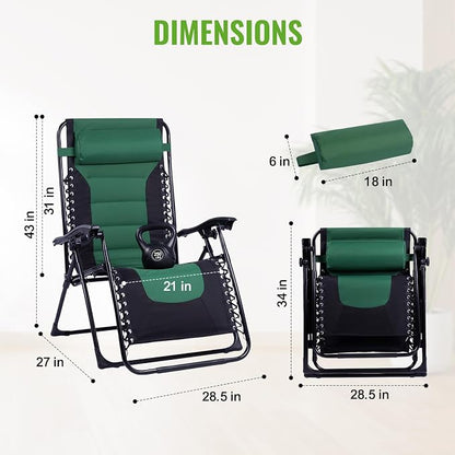 Backyard Expressions Deluxe XL Padded Recliner Zero Gravity Chair – Ergonomic Anti-Gravity Lounger with Folding Design, Side Tray, and Adjustable Headrest