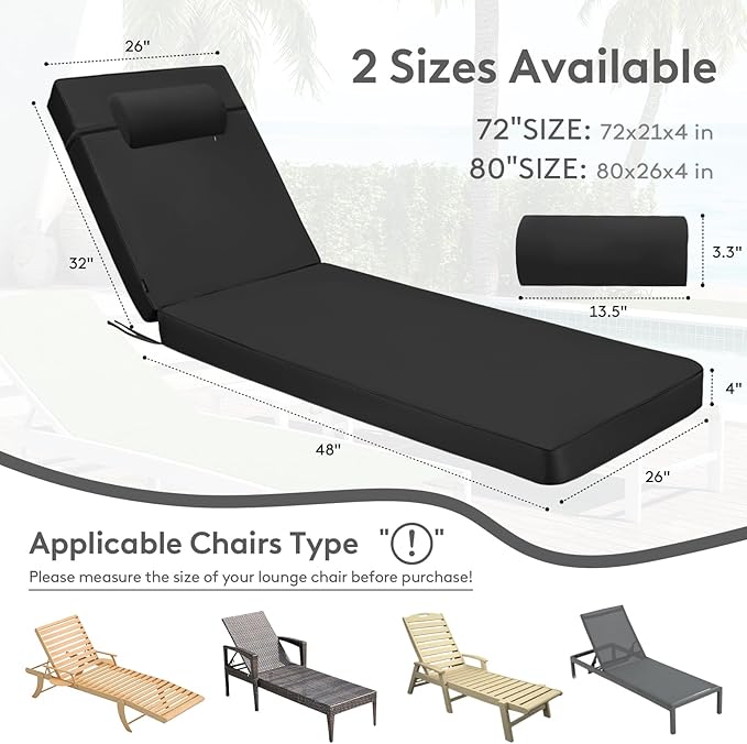 Chaise Lounge Cushion for Outdoor Furniture, Waterproof, Fade-Resistant and Tear Resistant, Patio Lounger Pads with Removable Cover for Pool, Deck, Lawn, 80x26x4 inch, Dark Gray