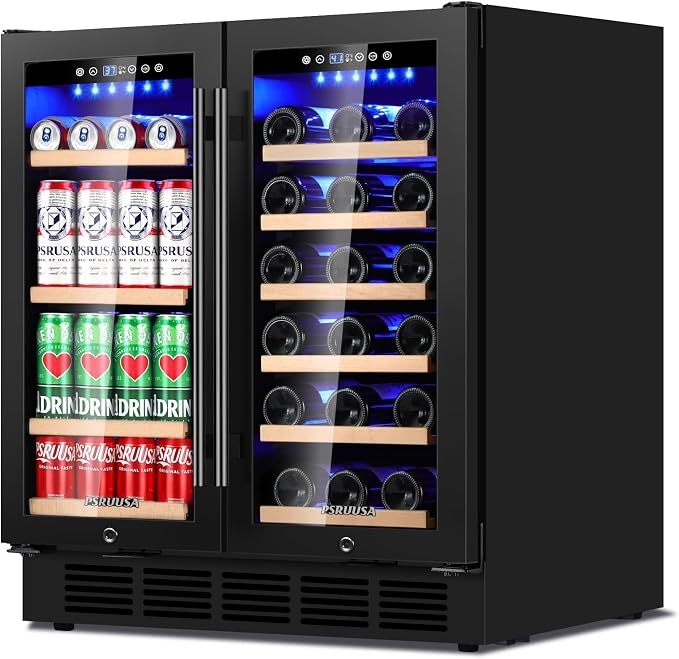 30 Inch Wine and Beverage Refrigerator Dual Zone Wine Fridge Beverage Cooler with Glass Door, Holds 110 Cans and 30 Bottles, Seamless Frame Built In or Freestanding for Home Bar, Kitchen