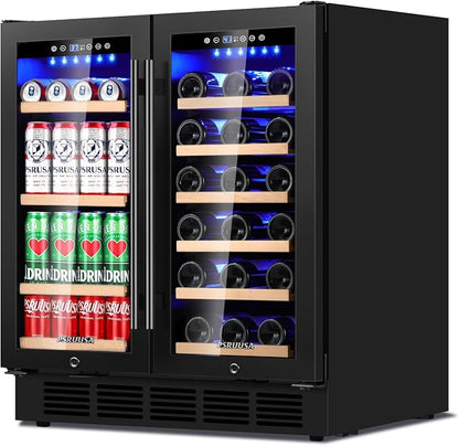 30 Inch Wine and Beverage Refrigerator Dual Zone Wine Fridge Beverage Cooler with Glass Door, Holds 110 Cans and 30 Bottles, Seamless Frame Built In or Freestanding for Home Bar, Kitchen
