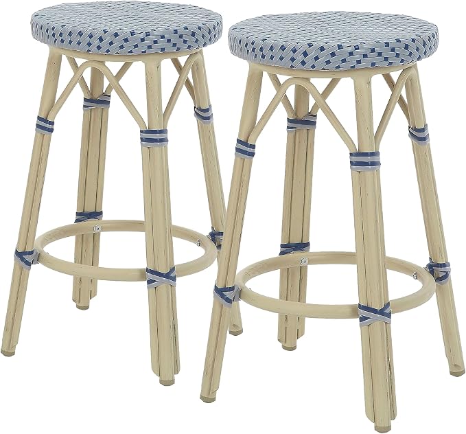 Seadrift Boho 26-inch Aluminum and All-Weather Wicker Barstools with Footrest, Patio Stools & Bar Chairs for Outdoor, Kitchen Counter, Poolside, Yard, Set of 2, Gray and Navy Blue
