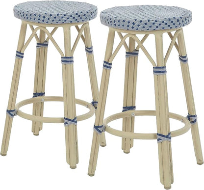 Seadrift Boho 26-inch Aluminum and All-Weather Wicker Barstools with Footrest, Patio Stools & Bar Chairs for Outdoor, Kitchen Counter, Poolside, Yard, Set of 2, Gray and Navy Blue