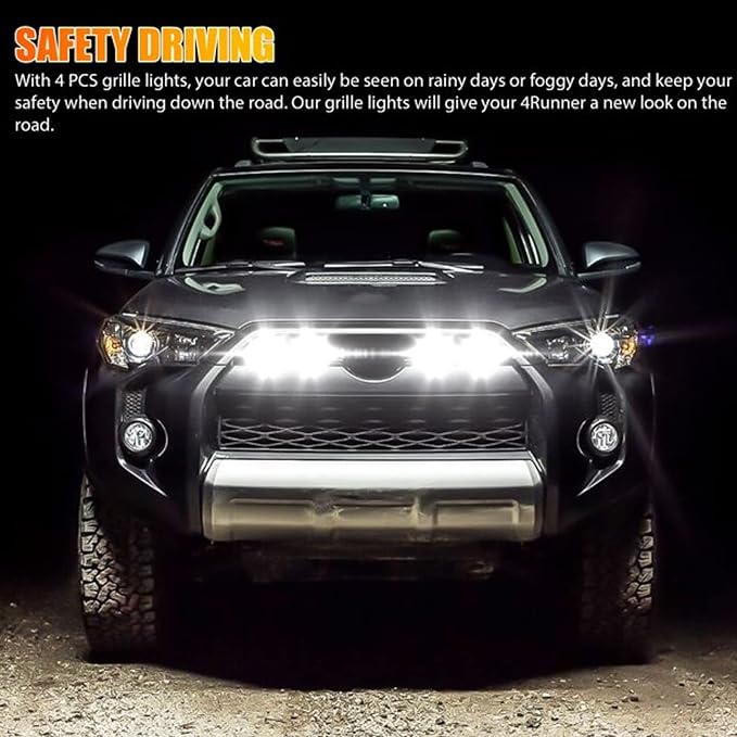 4pcs LED Grill Lights for 2014-2021 Toyota 4Runner TRD Pro Grille, Including SR5, TRD off-road, Limited, TRO Pro Models Raptor Style LED Light (White light with black housing)