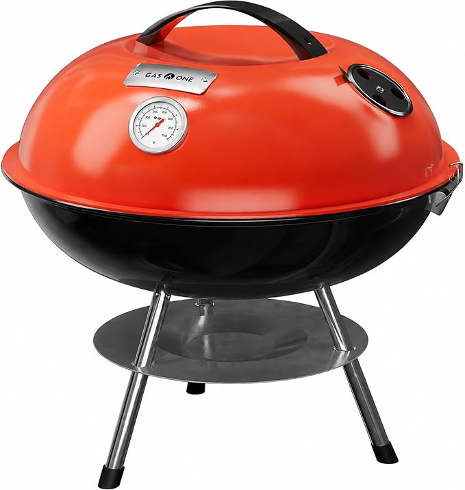 GasOne 14-inch Portable Charcoal Barbecue Grill with Thermometer – Red | 3-Point Locking Lid for Heat Preservation – Dual Venting System – Small Charcoal Grill for Backyard, Camping, Boat