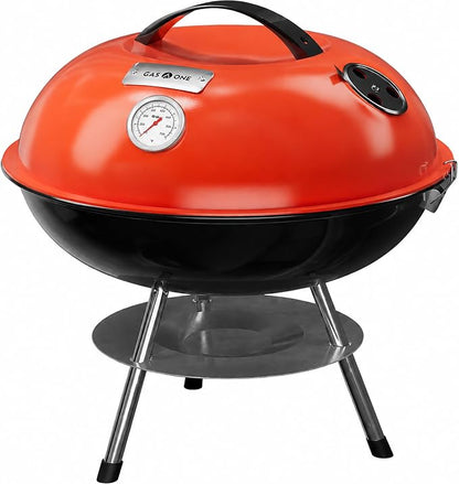GasOne 14-inch Portable Charcoal Barbecue Grill with Thermometer – Red | 3-Point Locking Lid for Heat Preservation – Dual Venting System – Small Charcoal Grill for Backyard, Camping, Boat
