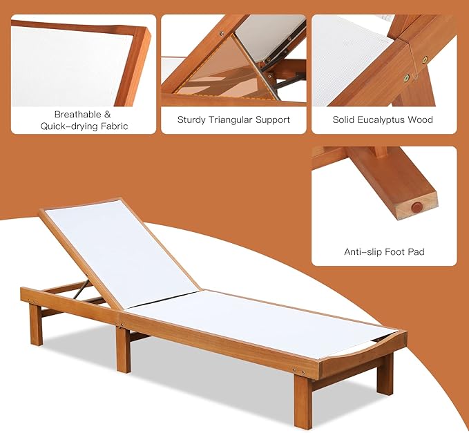 COSTWAY Patio Wood Chaise Lounge Chair, Strong Eucalyptus Wood Frame, 5-Position Adjustable Outdoor Recliner with White Mesh (1) | 5-Position Adjustable Outdoor Recliner with White Mesh