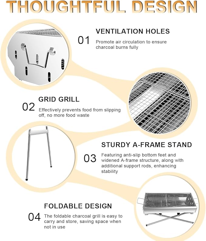 paxlwaaoon Charcoal Grill with Storage Rack Foldable, Large Stainless Steel kabob Grill for Outdoor Cooking Picnic Camping Commercial Use, 27.55" x 28.34" x 12.5"