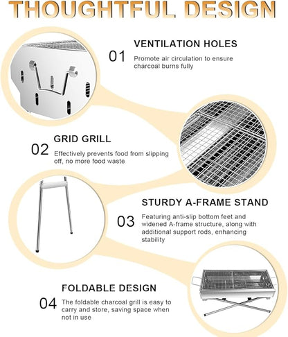 paxlwaaoon Charcoal Grill with Storage Rack Foldable, Large Stainless Steel kabob Grill for Outdoor Cooking Picnic Camping Commercial Use, 27.55" x 28.34" x 12.5"
