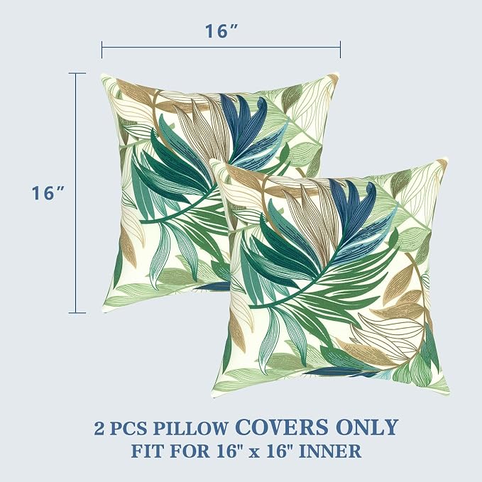 LVTXIII 2 Pack Outdoor Throw Pillow Covers for Patio Furniture, 16x16 Inch Square Pillow Case, Water-Repellent Cushion Covers for Garden, Porch, Sofa, Lush Leaf Green