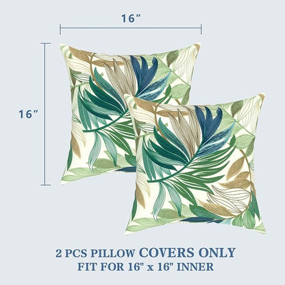 LVTXIII 2 Pack Outdoor Throw Pillow Covers for Patio Furniture, 16x16 Inch Square Pillow Case, Water-Repellent Cushion Covers for Garden, Porch, Sofa, Lush Leaf Green