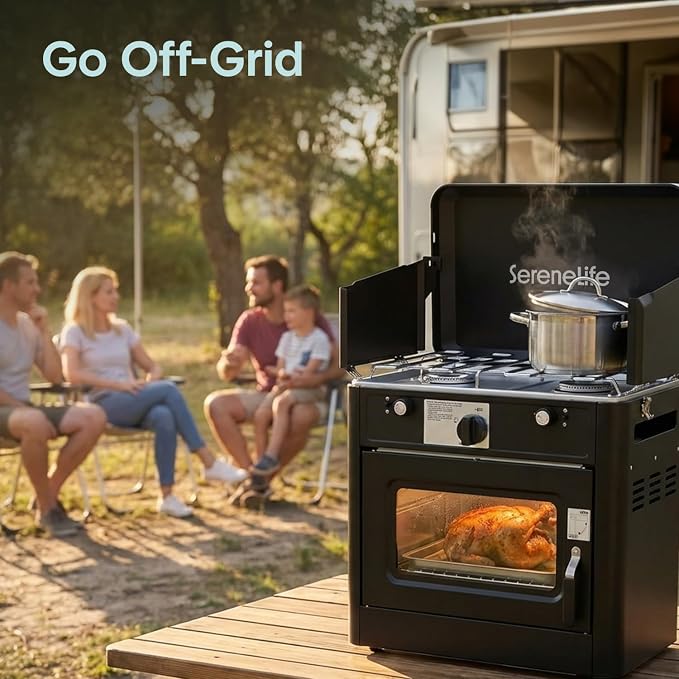 Camping Oven 3 in 1 Stove Oven Combo, Outdoor Camp Oven with 2 Burner Cooking, Piezo Ignition and Temperature Control, Compact RV for Camping and Tailgating
