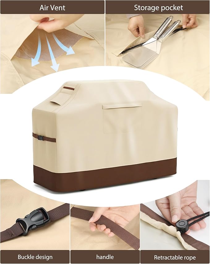 Vailge Grill Cover for Outdoor Grill, 65-inch Waterproof BBQ Cover,600D Heavy Duty Gas Grill Cover, UV & Dust & Rip & Fading Resistant,Suitable for Weber, Brinkmann, Char Broil Grills and More,Beige