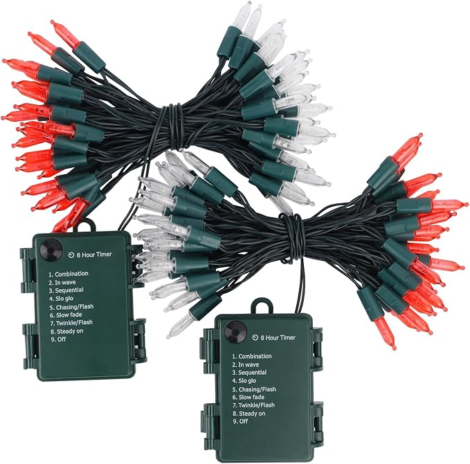 WATERGLIDE 2 Pack 50 LED Outdoor Valentines Lights, 16FT Battery Operated Mini String Lights with 8 Modes & Timer, Christmas Tree Lights Waterproof for Patio Garden Party Holiday Decor, Red & White