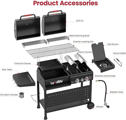 LAUDLIFE Gas and Charcoal Grill Combo with Side Burner, 3 Burners Propane BBQ Grill, 748 SQ.IN Cooking Space, Non-Stick Enamel Coating Grates, Heavy-Duty Stand for Backyard & Outdoor Barbecue