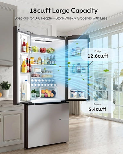 18 Cu.Ft French Door Refrigerator with Freezer Drawer – Frost Free, UL Certified, Side by Side Fridge with Door Ajar Alarm & 3 Smart Modes