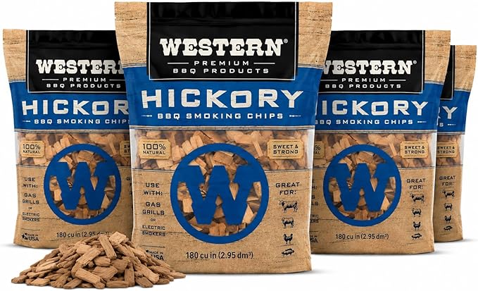 Western Hickory BBQ Smoking Chips 4 Pack – 100% Real Wood for Grilling & Smoking – Mildly Sweet, Rich Smoke Flavor – Perfect for Pork, Bacon, Sausage, Pork Shoulder, Chicken & Beef (Hickory)