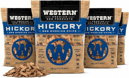 Western Hickory BBQ Smoking Chips 4 Pack – 100% Real Wood for Grilling & Smoking – Mildly Sweet, Rich Smoke Flavor – Perfect for Pork, Bacon, Sausage, Pork Shoulder, Chicken & Beef (Hickory)